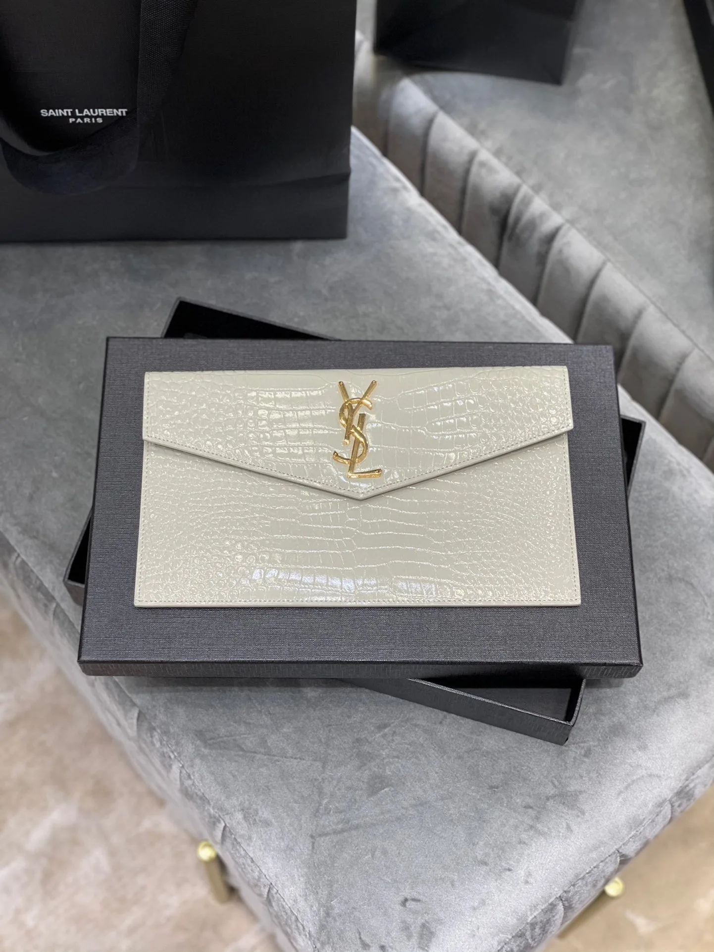 SAINT LAURENT Uptown POUCH IN CROCODILE-EMBOSSED SHINY LEATHER WHITE-GOLD HARDWARE - Bag
