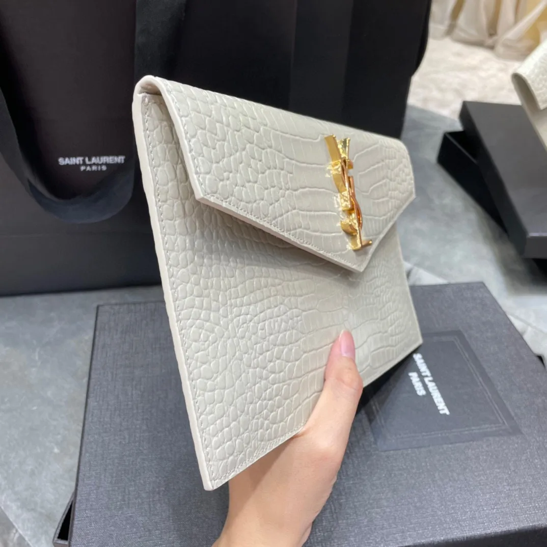 SAINT LAURENT Uptown POUCH IN CROCODILE-EMBOSSED SHINY LEATHER WHITE-GOLD HARDWARE - Bag