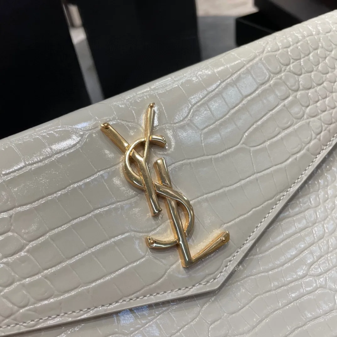 SAINT LAURENT Uptown POUCH IN CROCODILE-EMBOSSED SHINY LEATHER WHITE-GOLD HARDWARE - Bag