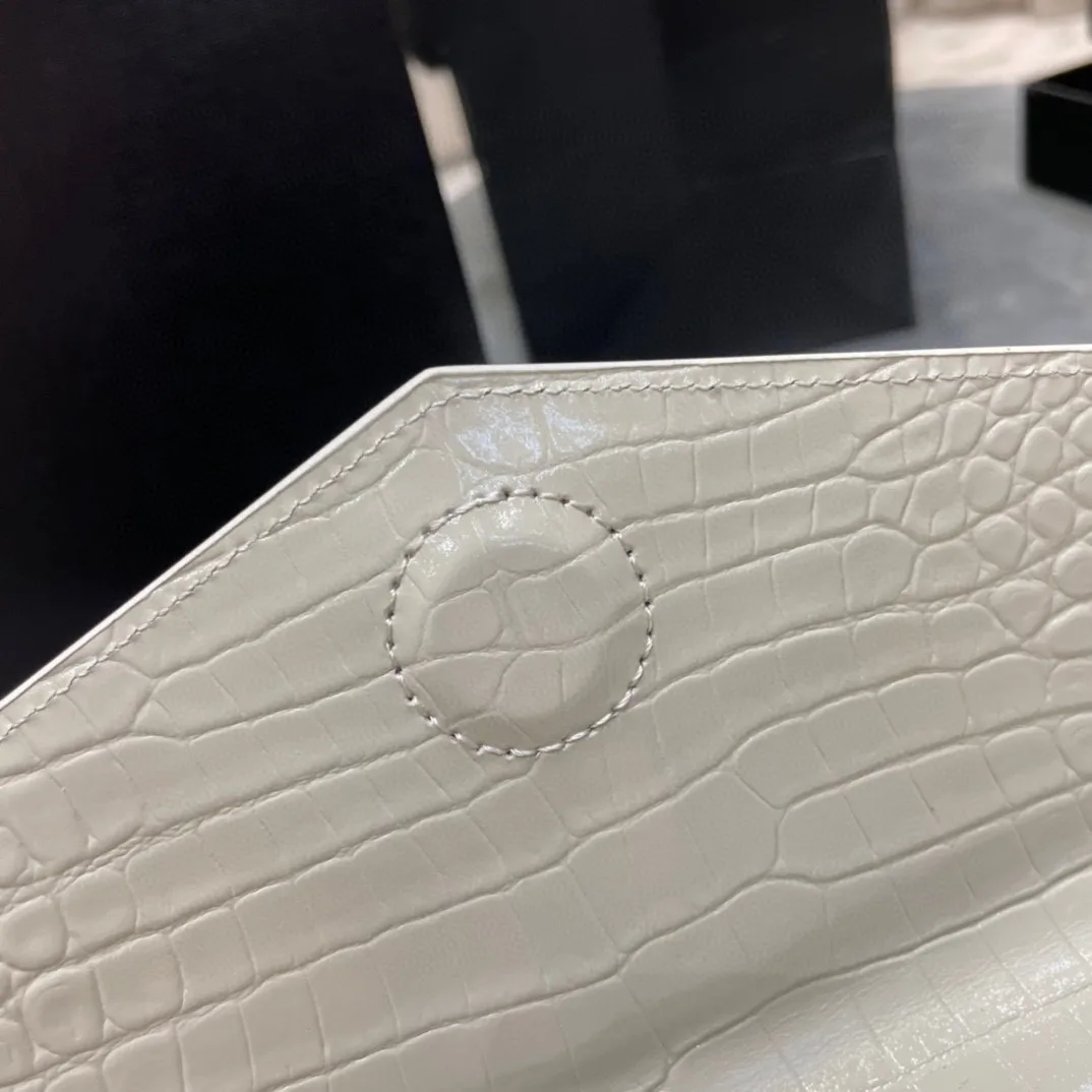 SAINT LAURENT Uptown POUCH IN CROCODILE-EMBOSSED SHINY LEATHER WHITE-GOLD HARDWARE - Bag