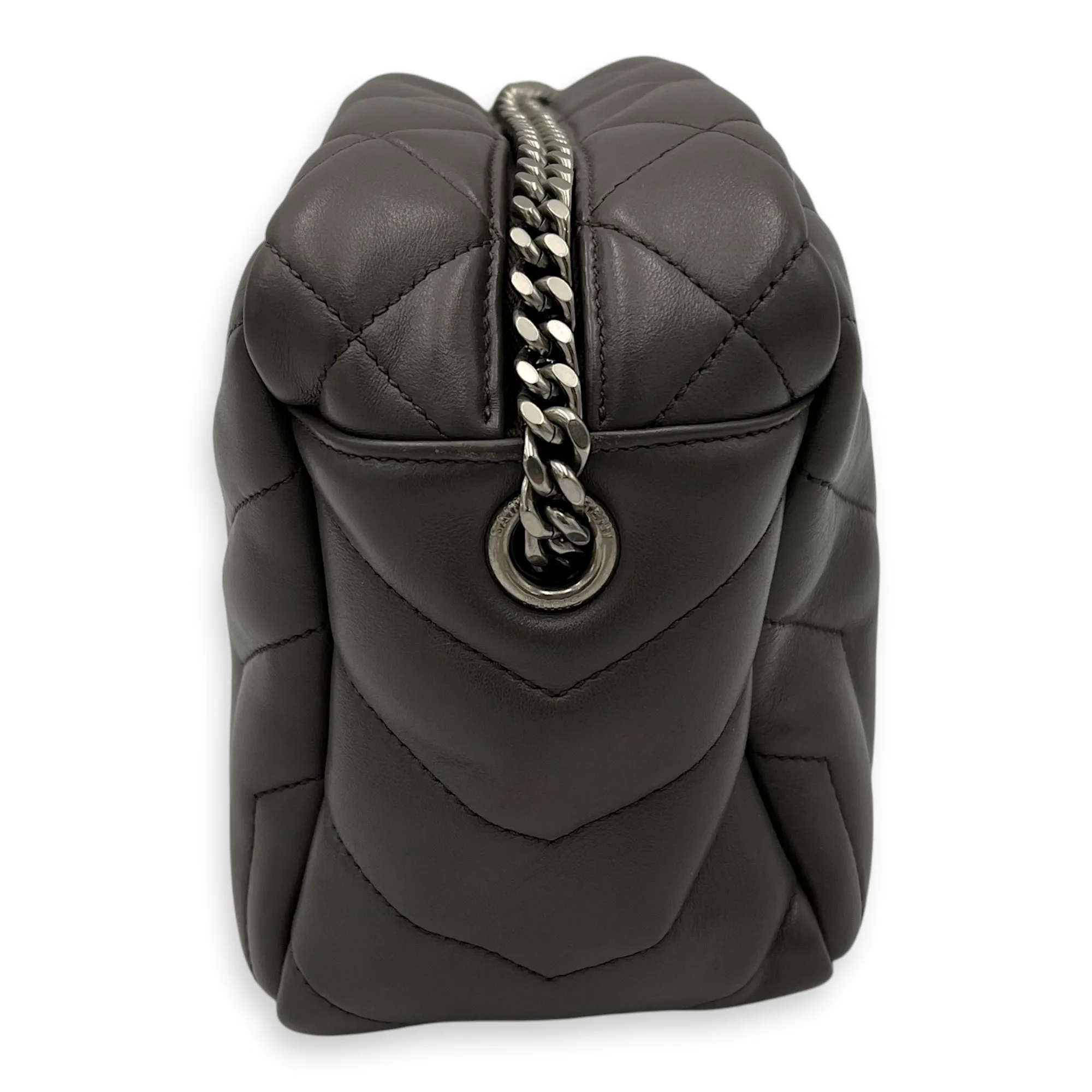 Bowler Grey Shoulder Bag in Calfskin, Silver hardware