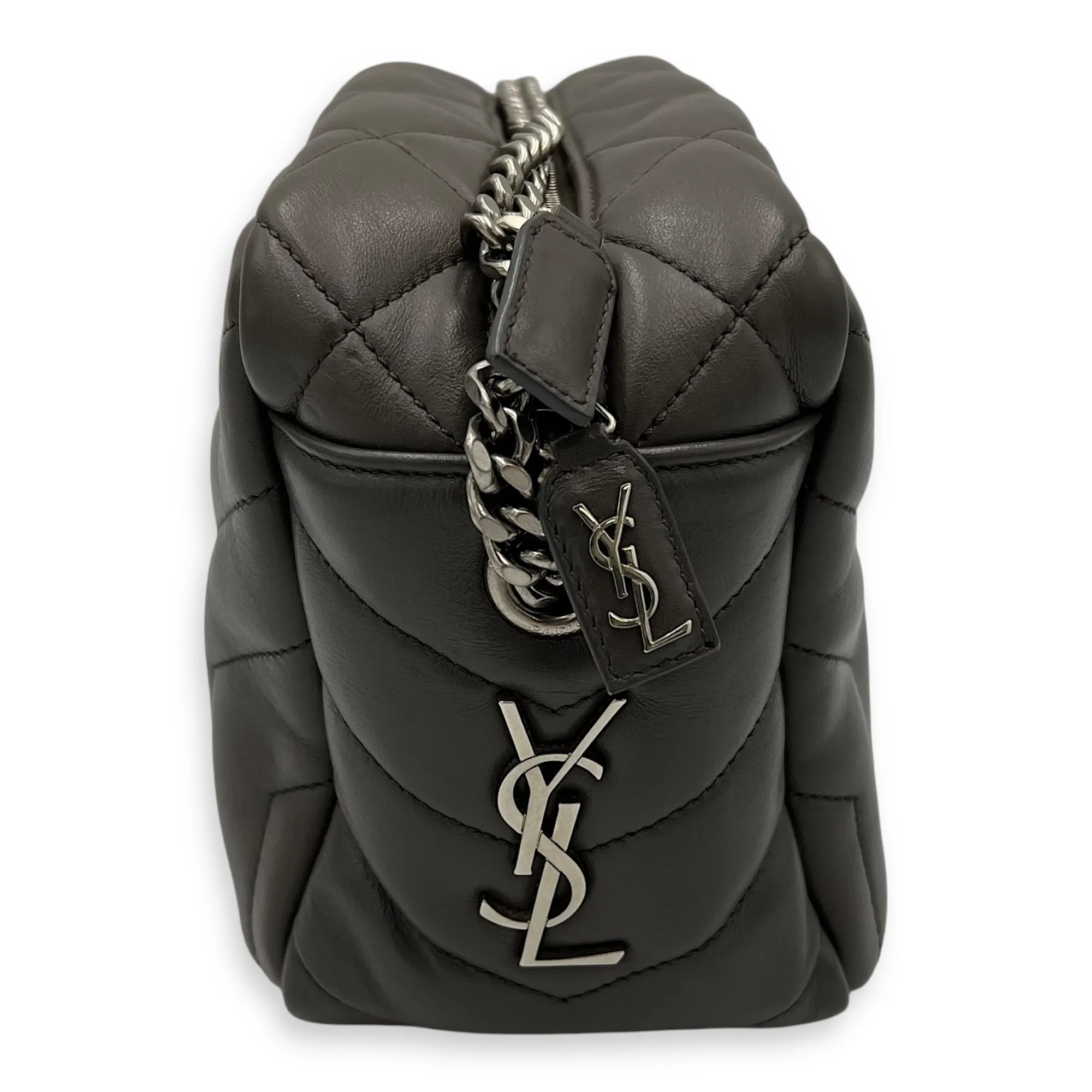 Bowler Grey Shoulder Bag in Calfskin, Silver hardware