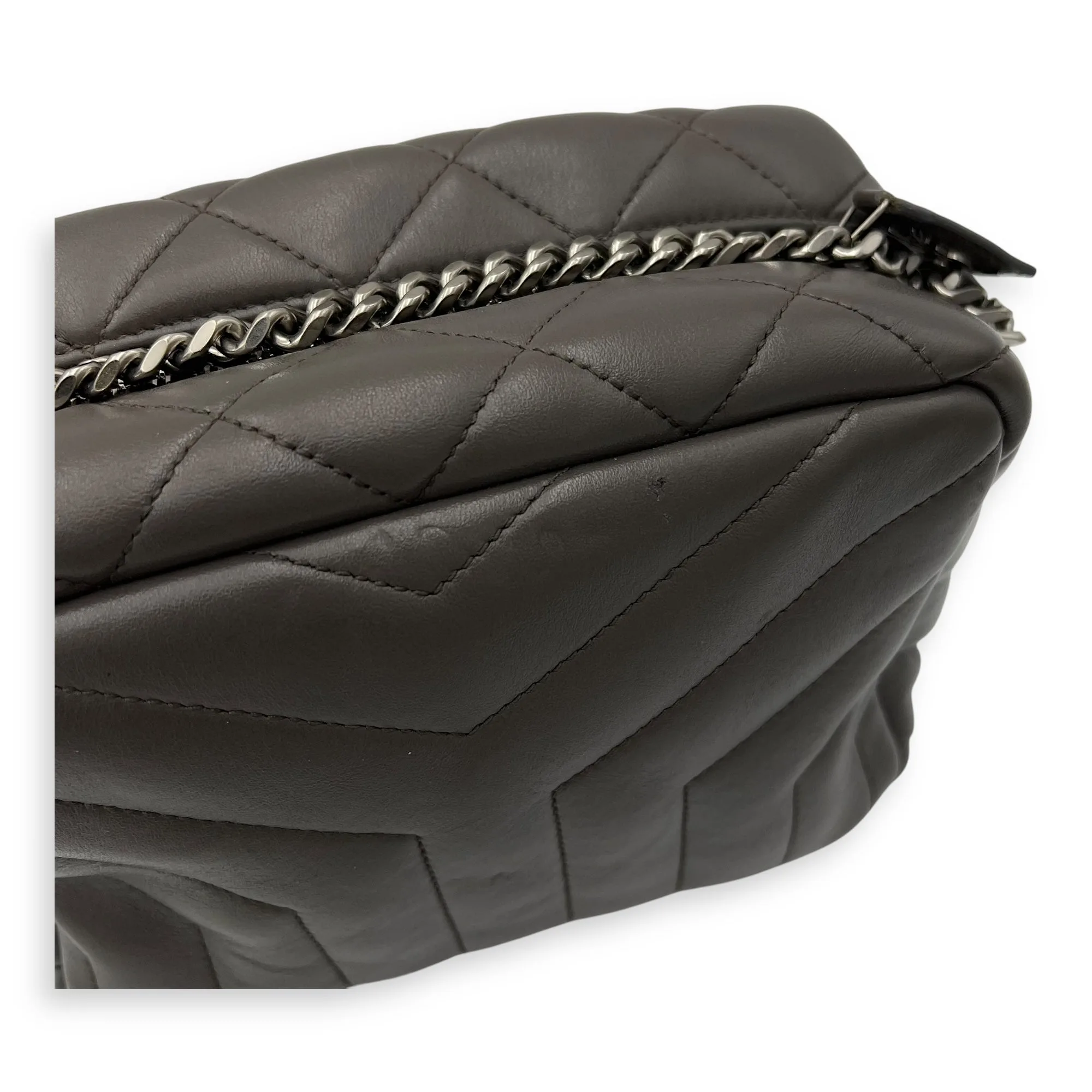Bowler Grey Shoulder Bag in Calfskin, Silver hardware