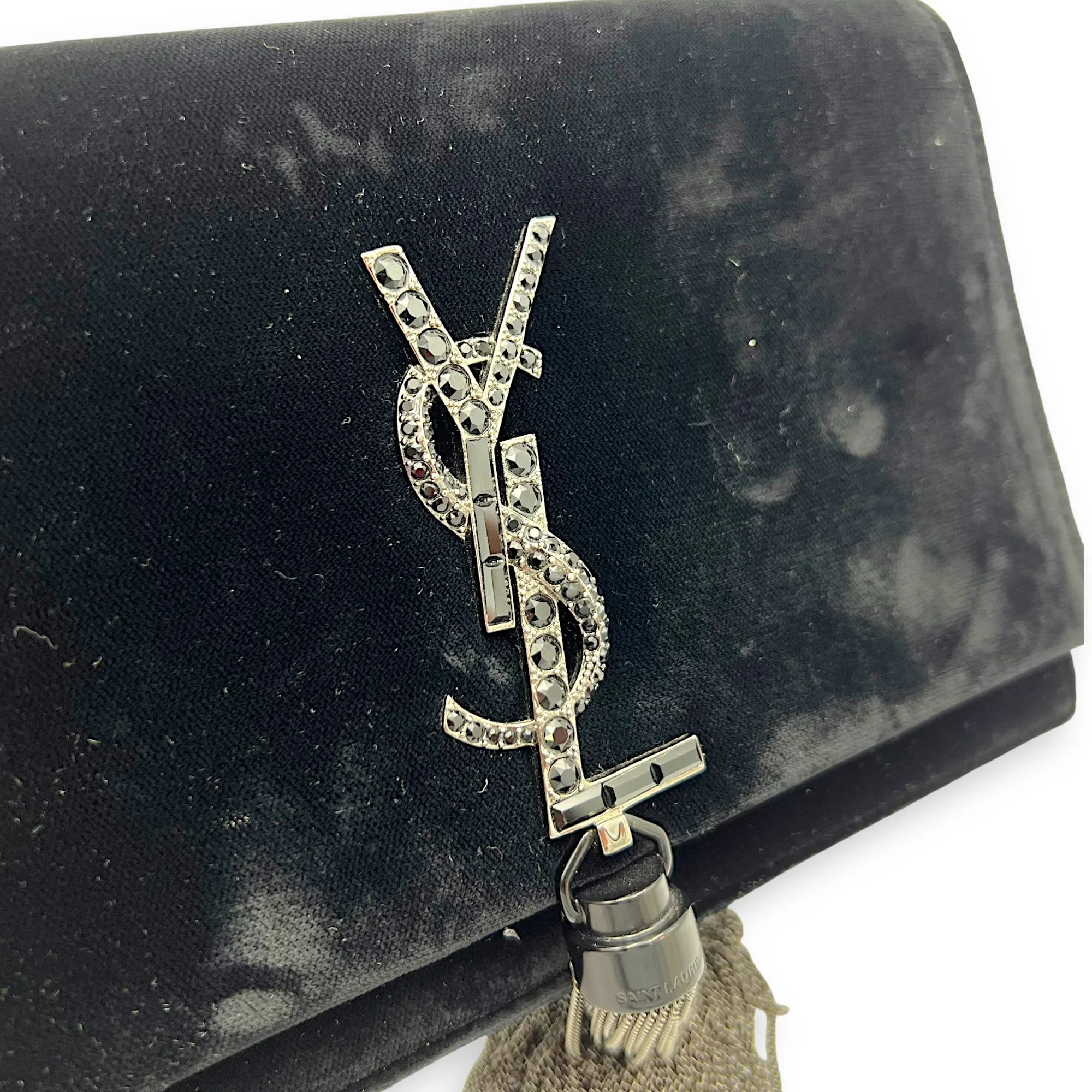 Kate Small Black Crossbody Bag in Velvet, Silver hardware