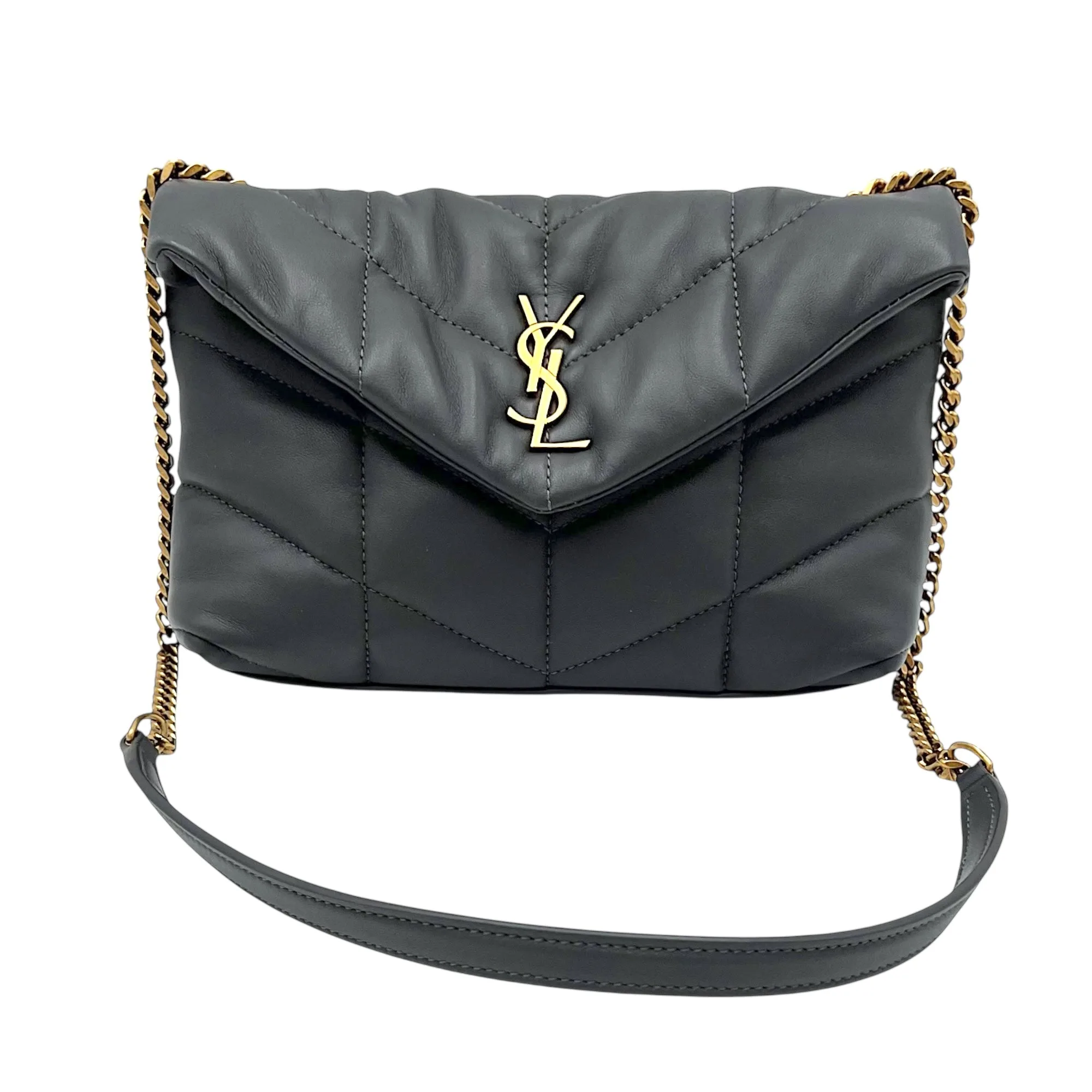 Puffer Mini Grey Shoulder Bag in Lambskin, Gold hardware