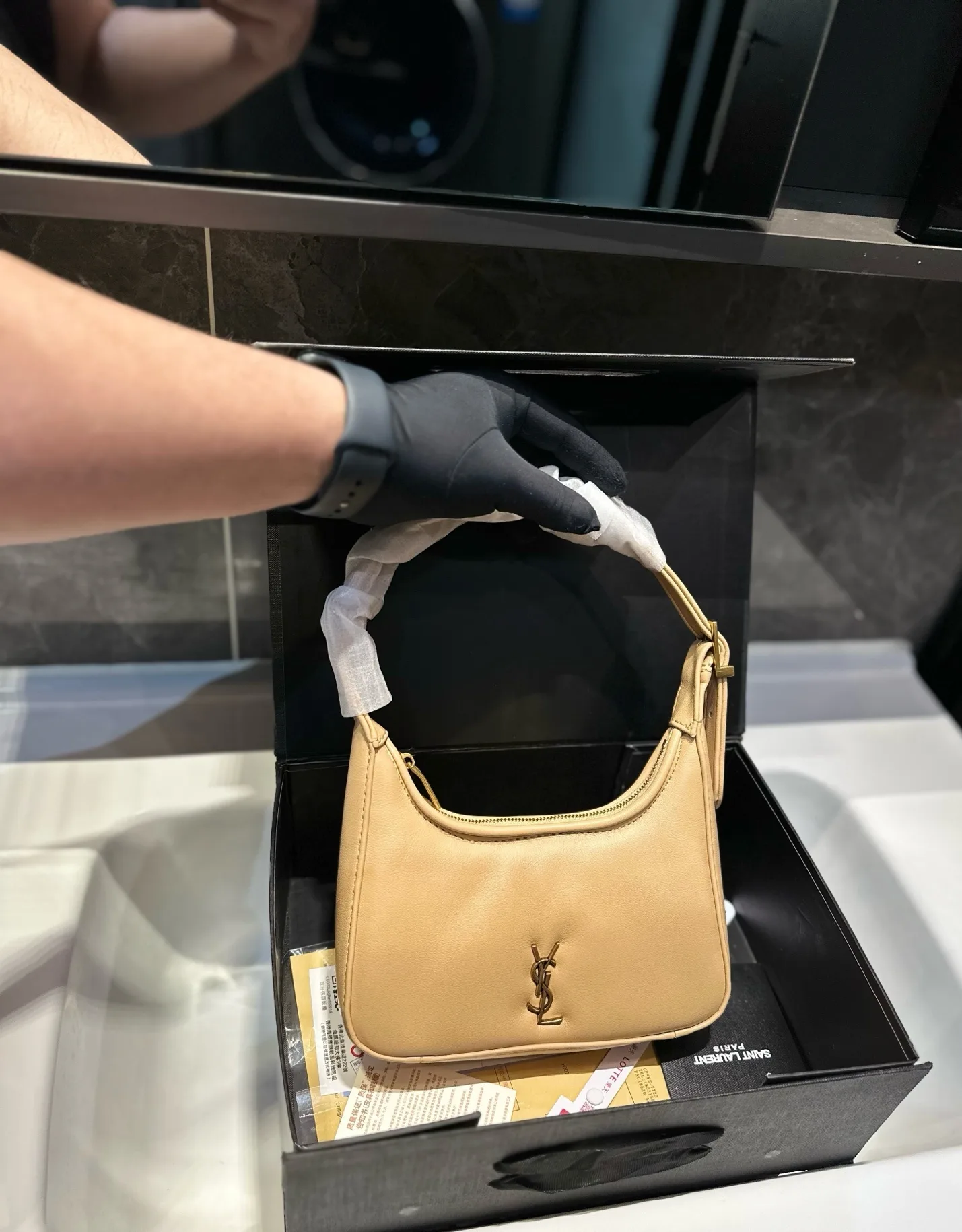 Saint Laurent YSL Calypso Mini Hobo Lambskin Bag - Apricot