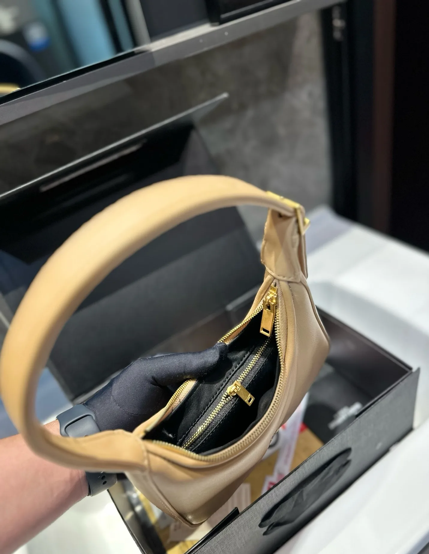 Saint Laurent YSL Calypso Mini Hobo Lambskin Bag - Apricot