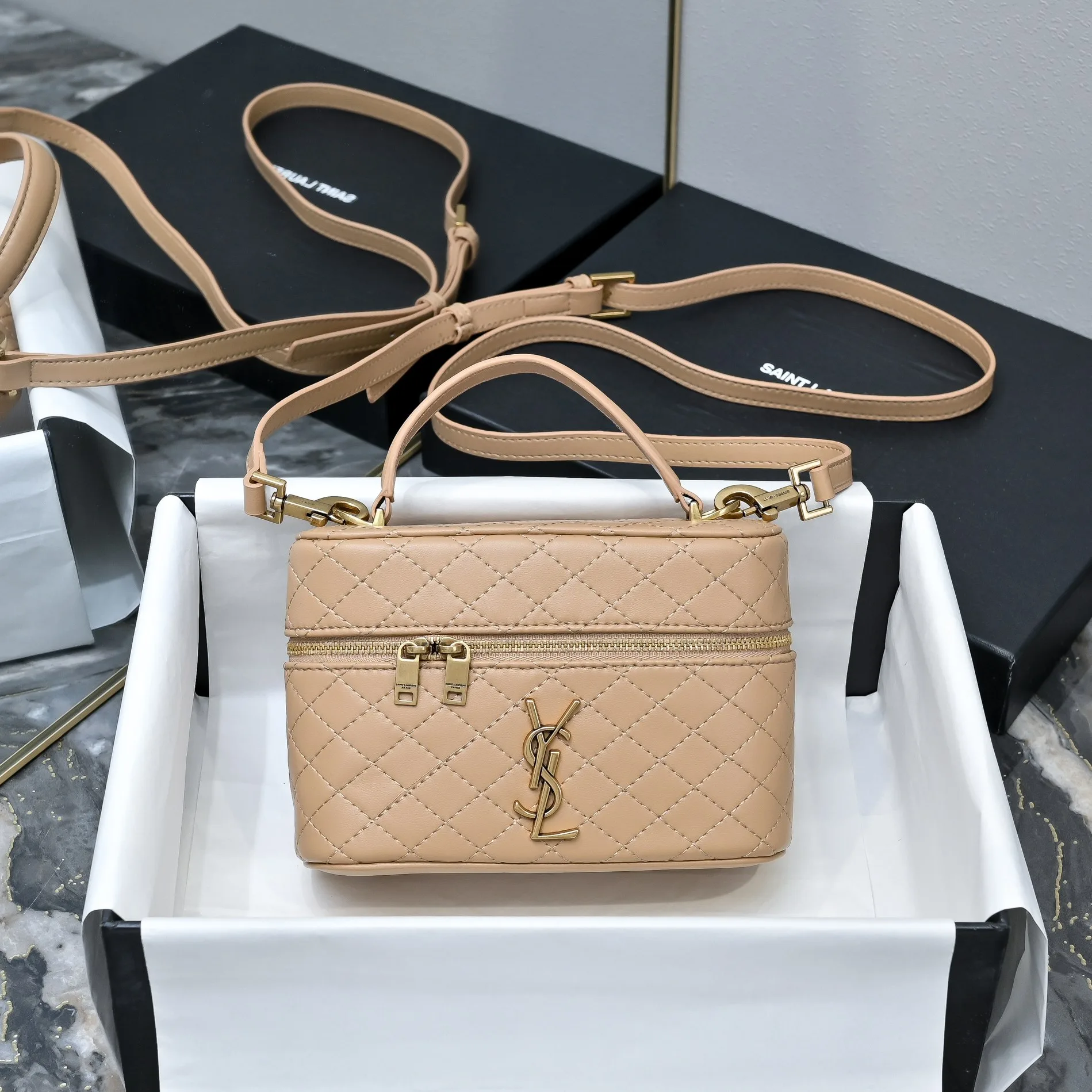 SAINT LAURENT YSL GABY vanity Medium bag in lambskin - DK TOFFEE
