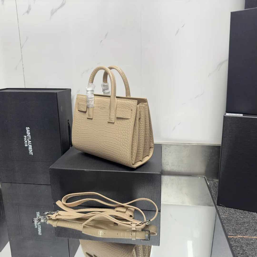 Saint Laurent Beige Croc Embossed Leather Nano Classic Sac De Jour Tote - Bag