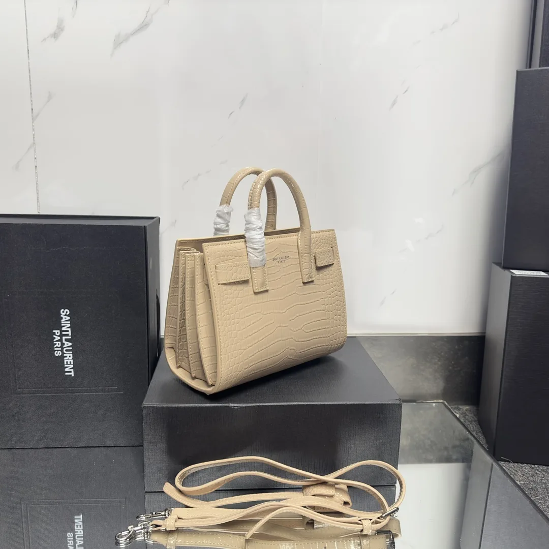Saint Laurent Beige Croc Embossed Leather Nano Classic Sac De Jour Tote - Bag