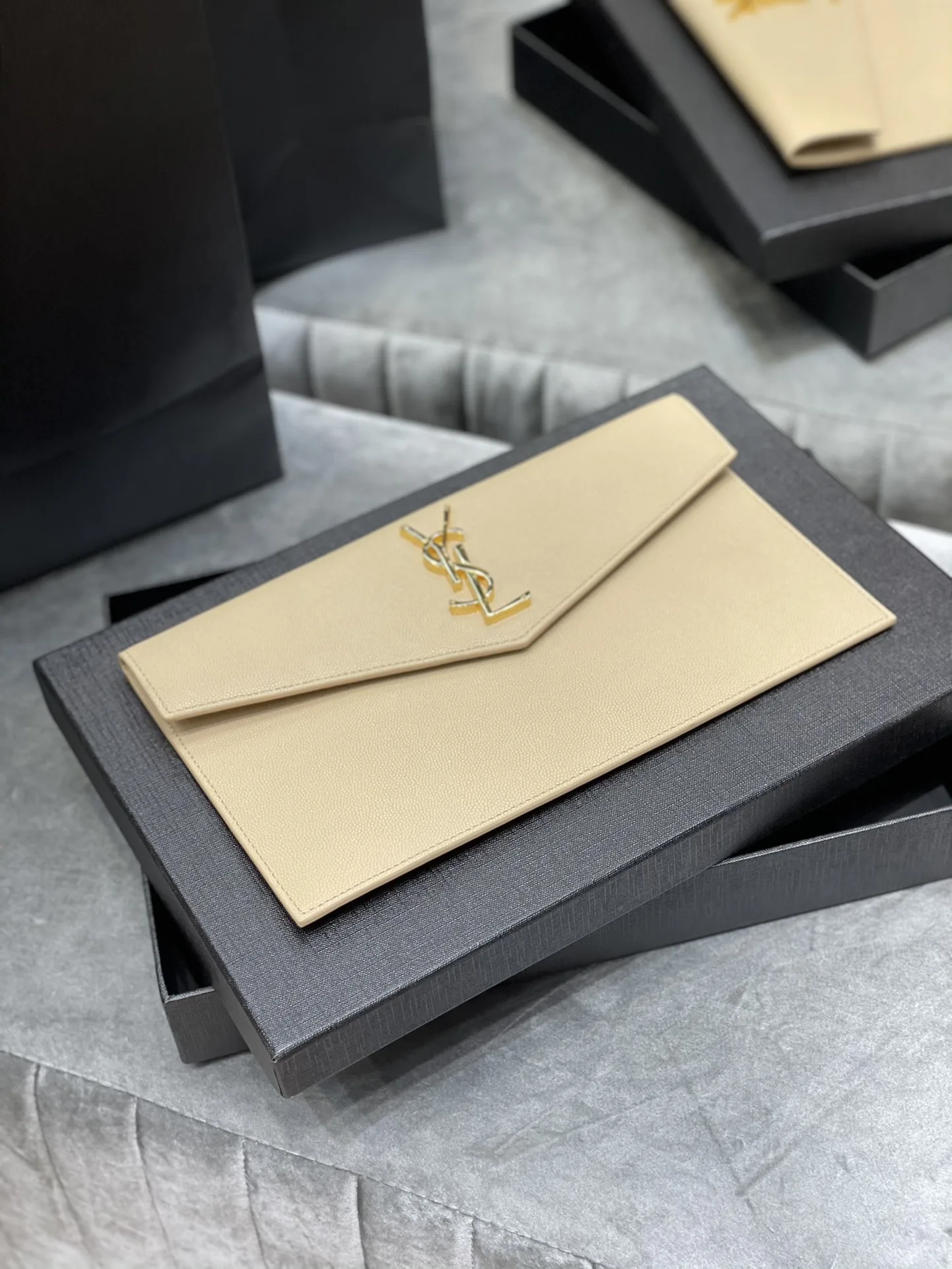 SAINT LAURENT Uptown YSL Monogram Leather Envelope Clutch Bag Beige-Gold hardware - Bag