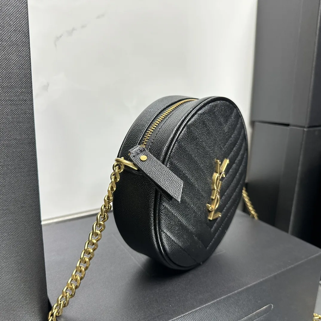 SAINT LAURENT Grain De Poudre Matelasse Chevron Quilted Round Vinyle Camera Bag Deep Marine-Gold hardware - Bag