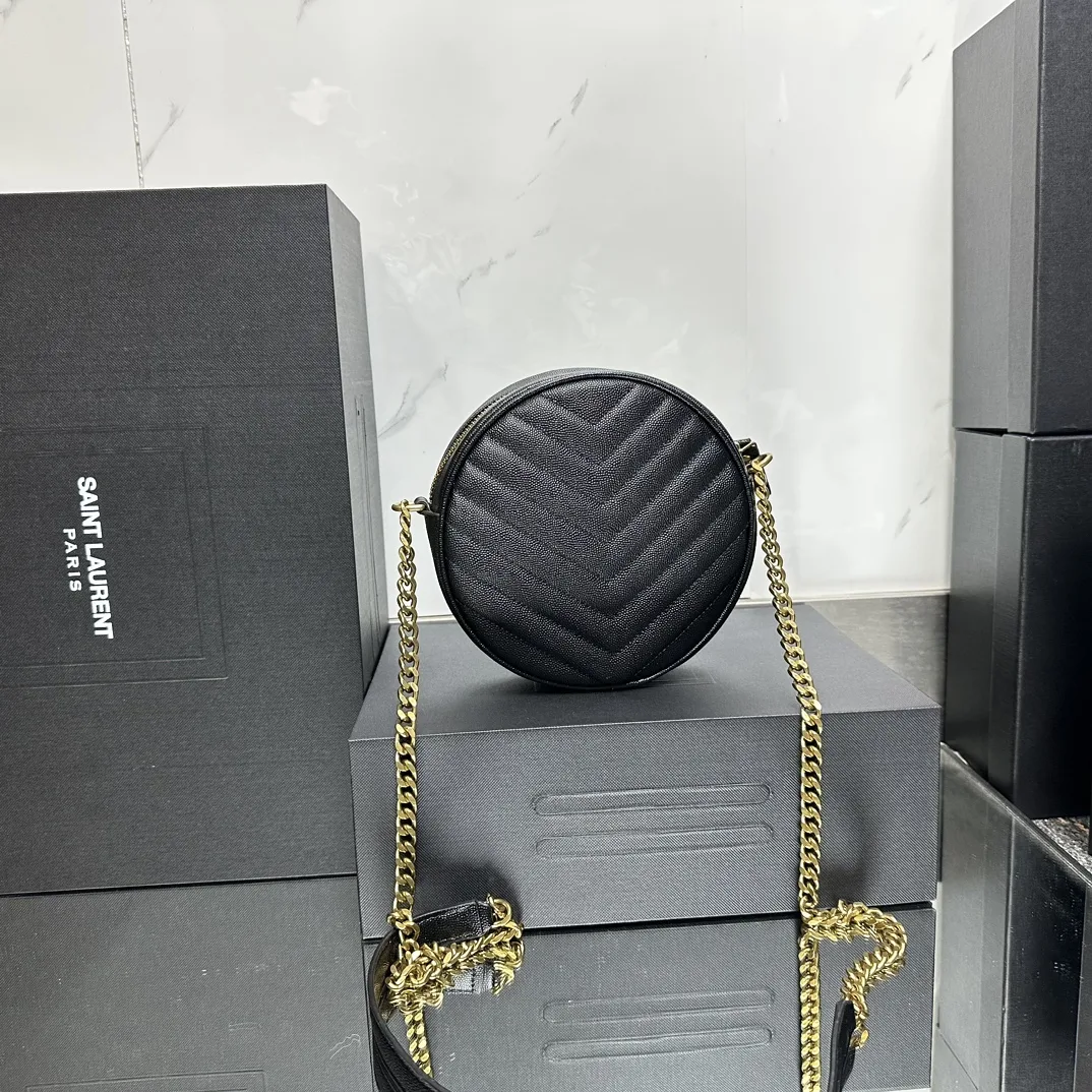 SAINT LAURENT Grain De Poudre Matelasse Chevron Quilted Round Vinyle Camera Bag Deep Marine-Gold hardware - Bag