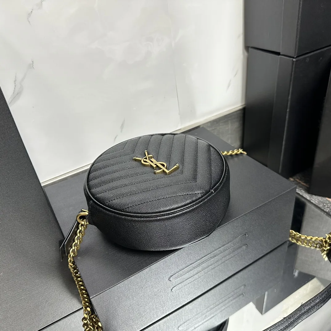 SAINT LAURENT Grain De Poudre Matelasse Chevron Quilted Round Vinyle Camera Bag Deep Marine-Gold hardware - Bag