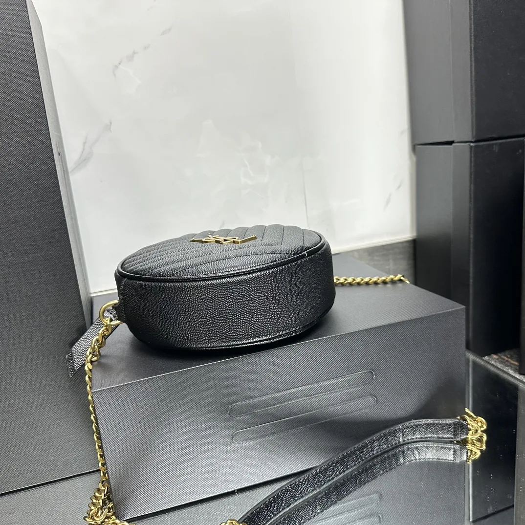SAINT LAURENT Grain De Poudre Matelasse Chevron Quilted Round Vinyle Camera Bag Deep Marine-Gold hardware - Bag