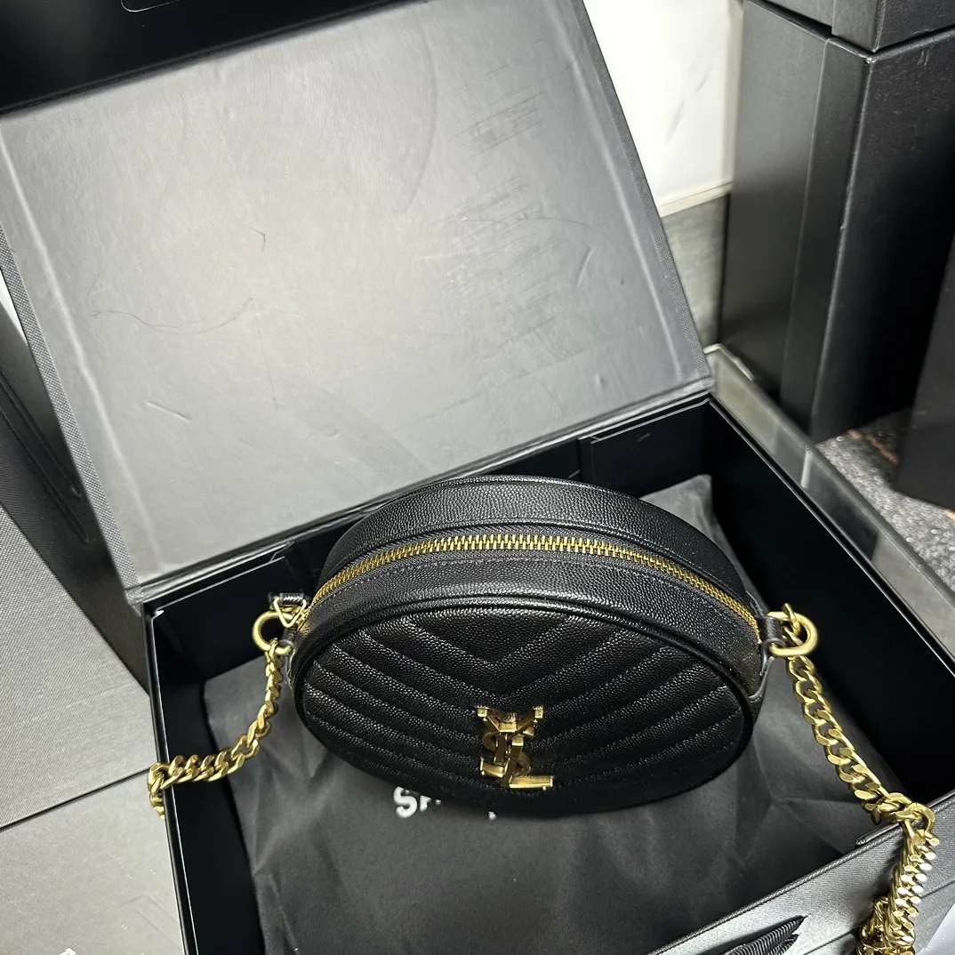 SAINT LAURENT Grain De Poudre Matelasse Chevron Quilted Round Vinyle Camera Bag Deep Marine-Gold hardware - Bag