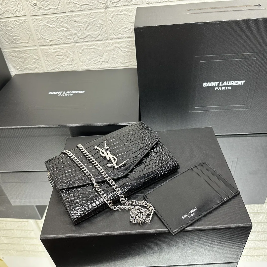 SAINT LAURENT Grain De Poudre Monogram Uptown Chain Wallet Black-Silver hardware - Bag