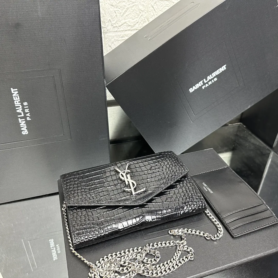 SAINT LAURENT Grain De Poudre Monogram Uptown Chain Wallet Black-Silver hardware - Bag