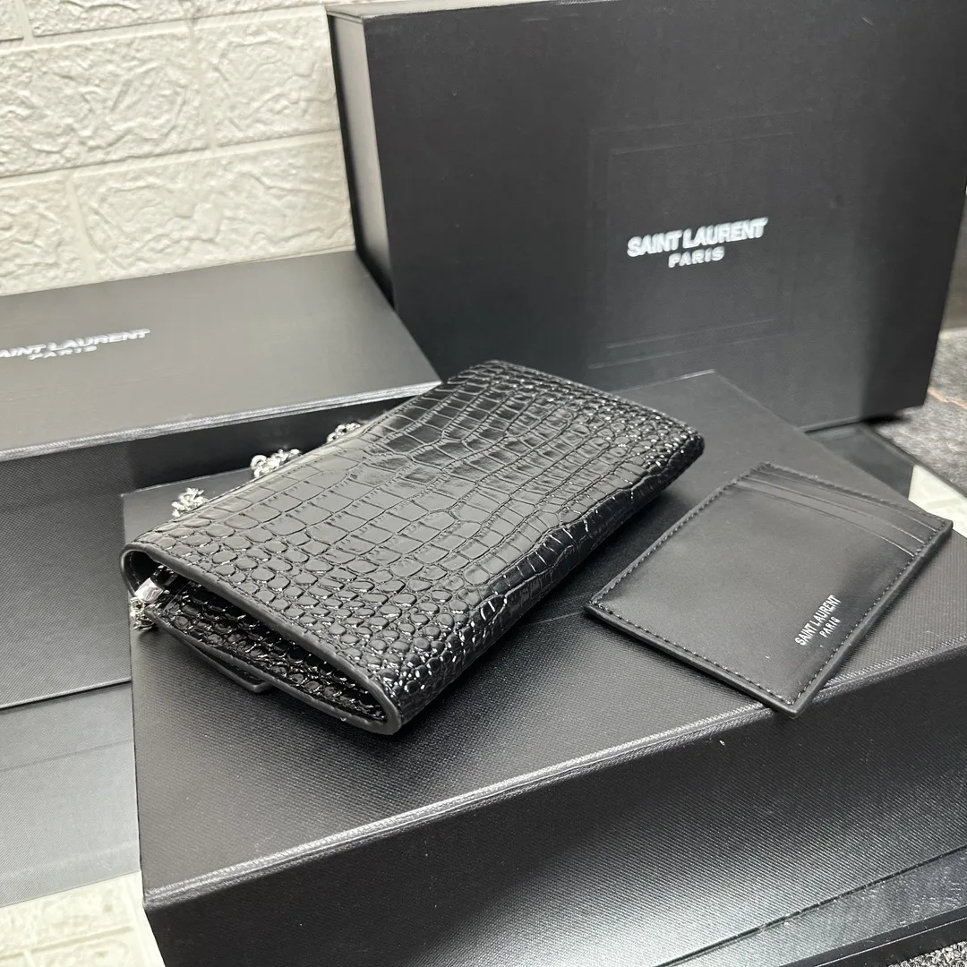 SAINT LAURENT Grain De Poudre Monogram Uptown Chain Wallet Black-Silver hardware - Bag