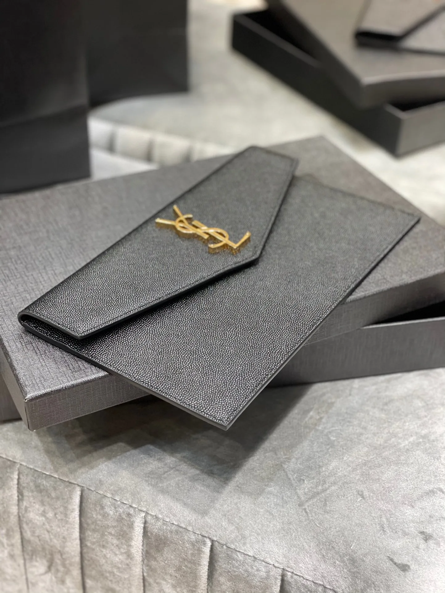 Saint Laurent YSL Women Uptown Pouch in Grain DE Poudre Embossed Leather-Black-Gold hardware - Bag