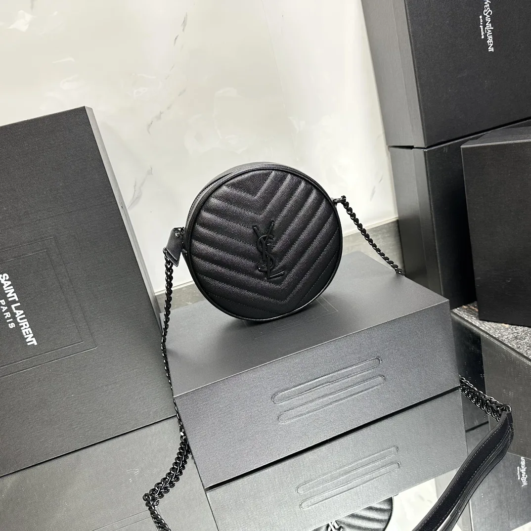 SAINT LAURENT Grain De Poudre Matelasse Chevron Quilted Round Vinyle Camera Bag Deep Marine-biack hardware - Bag