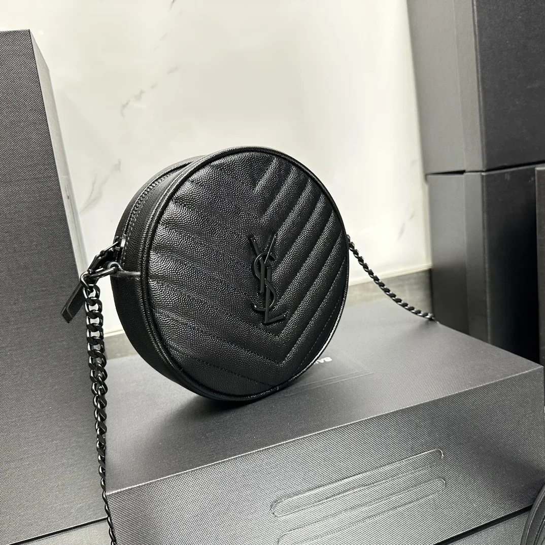 SAINT LAURENT Grain De Poudre Matelasse Chevron Quilted Round Vinyle Camera Bag Deep Marine-biack hardware - Bag