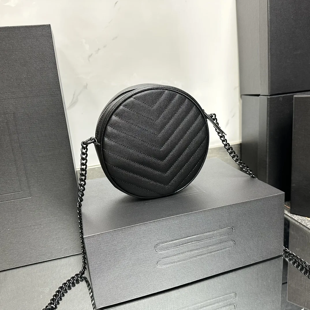 SAINT LAURENT Grain De Poudre Matelasse Chevron Quilted Round Vinyle Camera Bag Deep Marine-biack hardware - Bag