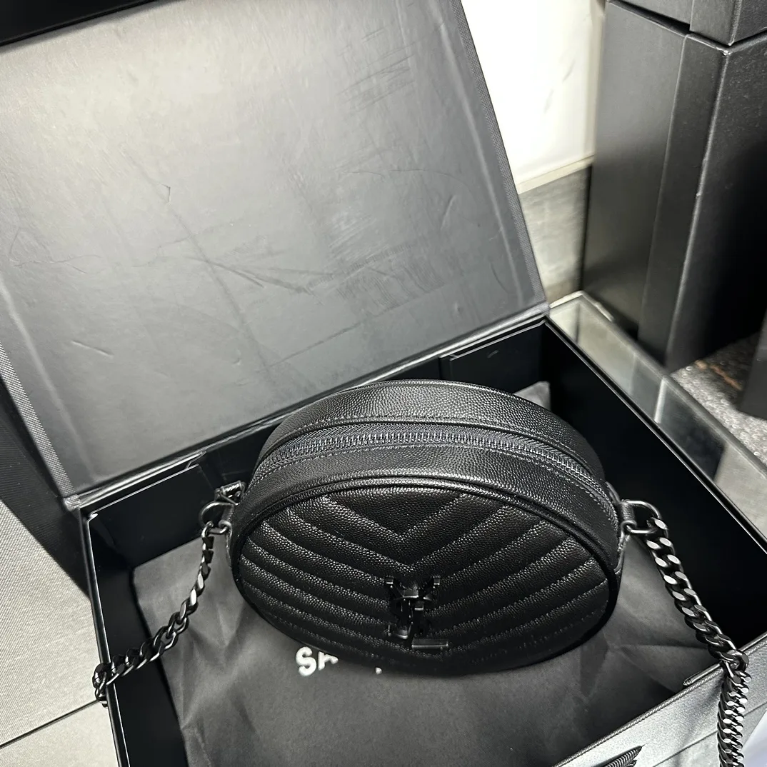 SAINT LAURENT Grain De Poudre Matelasse Chevron Quilted Round Vinyle Camera Bag Deep Marine-biack hardware - Bag