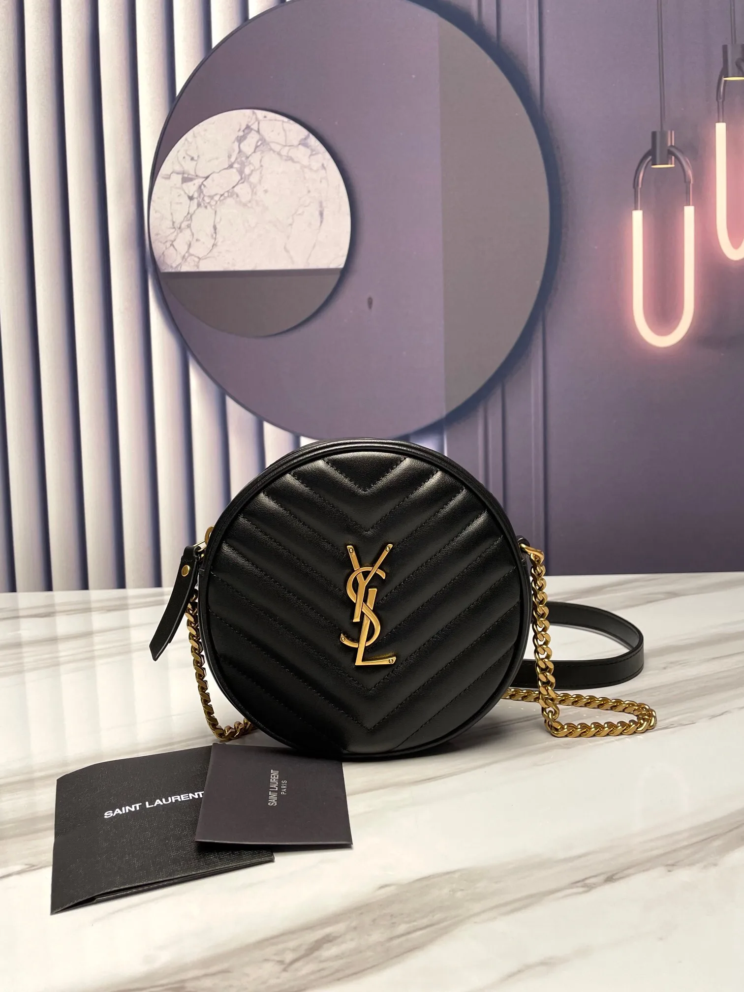 Saint Laurent YSL Round Vinyle Camera Crossbody Bag