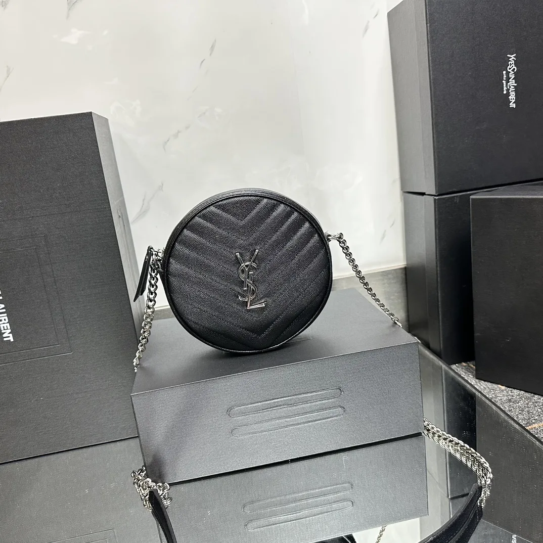 SAINT LAURENT Grain De Poudre Matelasse Chevron Quilted Round Vinyle Camera Bag Deep Marine-Silver hardware - Bag
