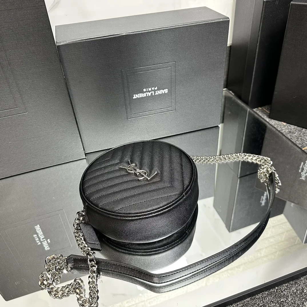 SAINT LAURENT Grain De Poudre Matelasse Chevron Quilted Round Vinyle Camera Bag Deep Marine-Silver hardware - Bag
