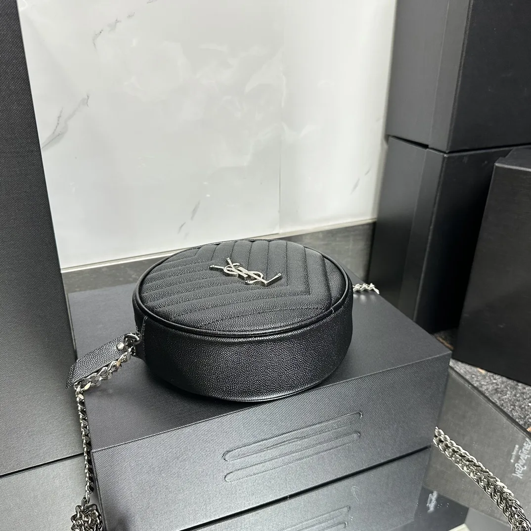 SAINT LAURENT Grain De Poudre Matelasse Chevron Quilted Round Vinyle Camera Bag Deep Marine-Silver hardware - Bag