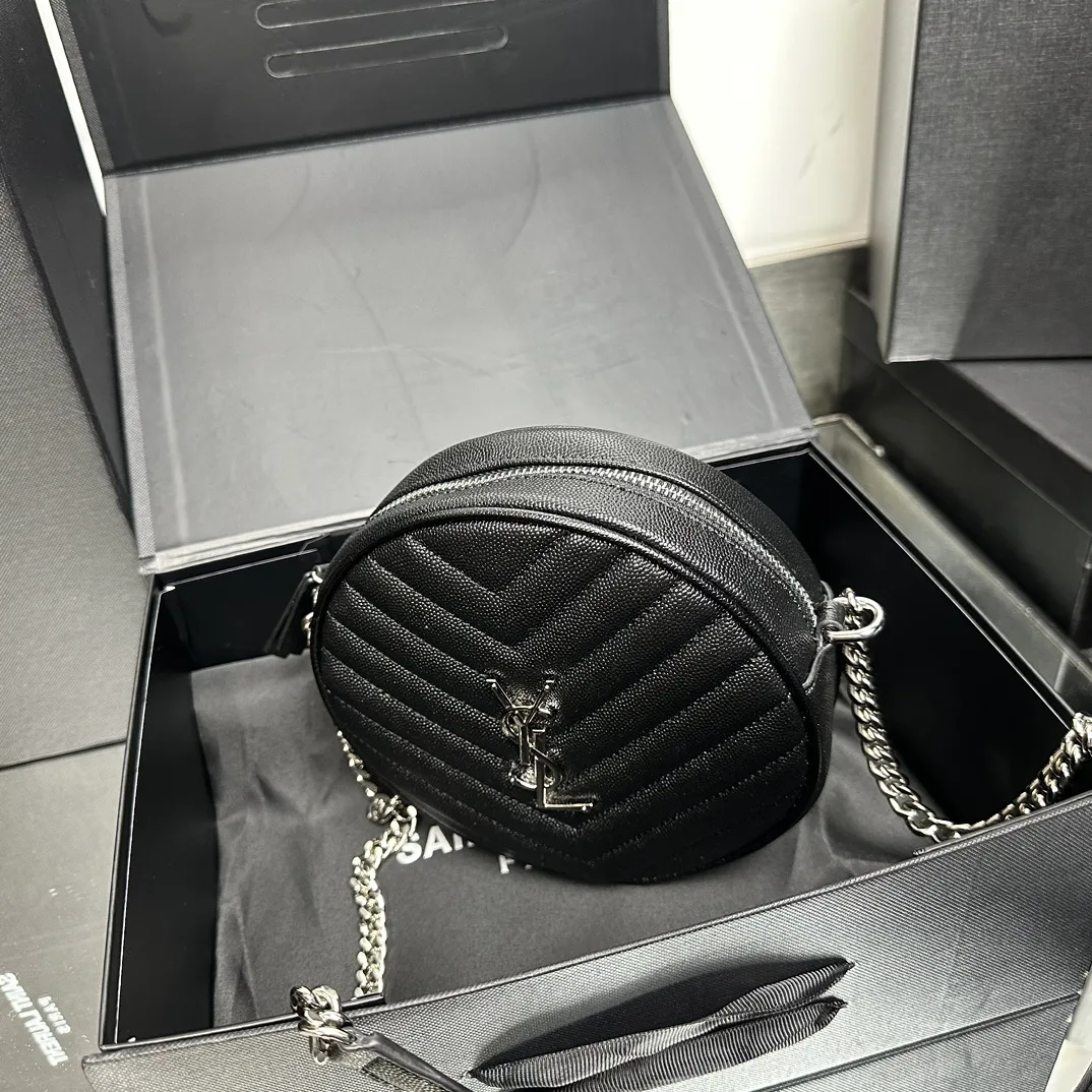 SAINT LAURENT Grain De Poudre Matelasse Chevron Quilted Round Vinyle Camera Bag Deep Marine-Silver hardware - Bag