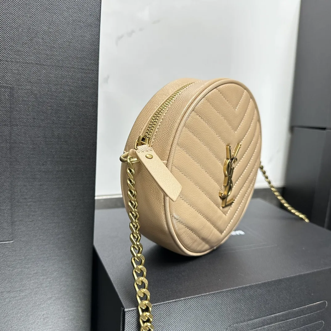 SAINT LAURENT Grain De Poudre Matelasse Chevron Quilted Round Vinyle Camera Bag Dark Beige-Gold hardware - Bag
