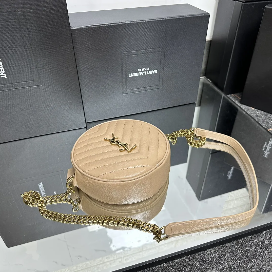 SAINT LAURENT Grain De Poudre Matelasse Chevron Quilted Round Vinyle Camera Bag Dark Beige-Gold hardware - Bag