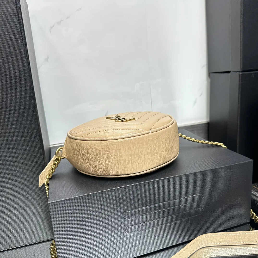 SAINT LAURENT Grain De Poudre Matelasse Chevron Quilted Round Vinyle Camera Bag Dark Beige-Gold hardware - Bag
