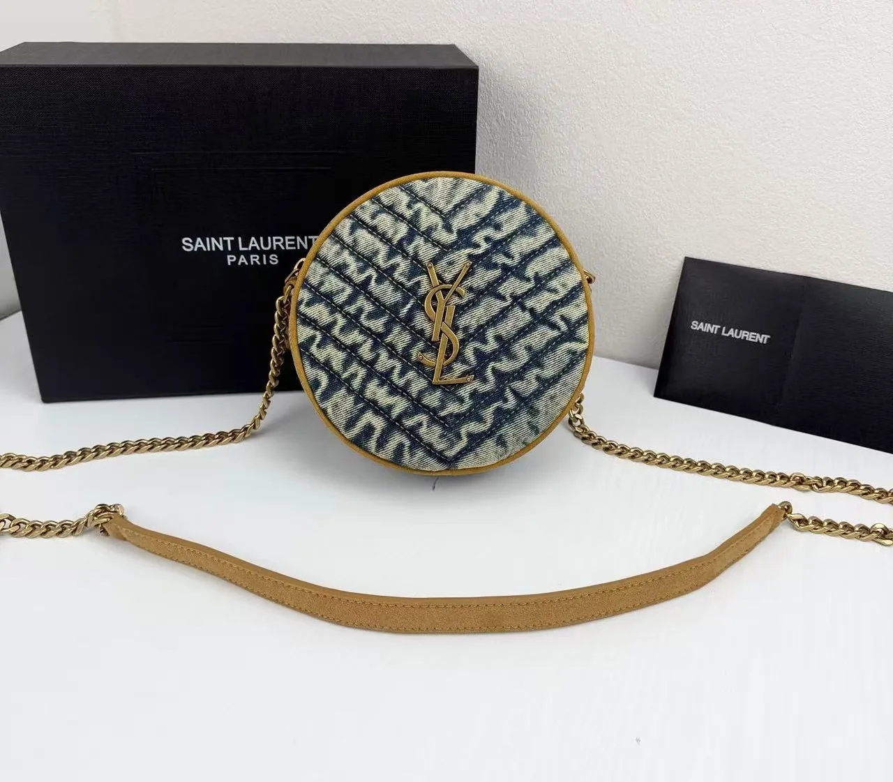 Saint Laurent YSL Round Vinyle Matelassé Quilted Denim Crossbody Bag