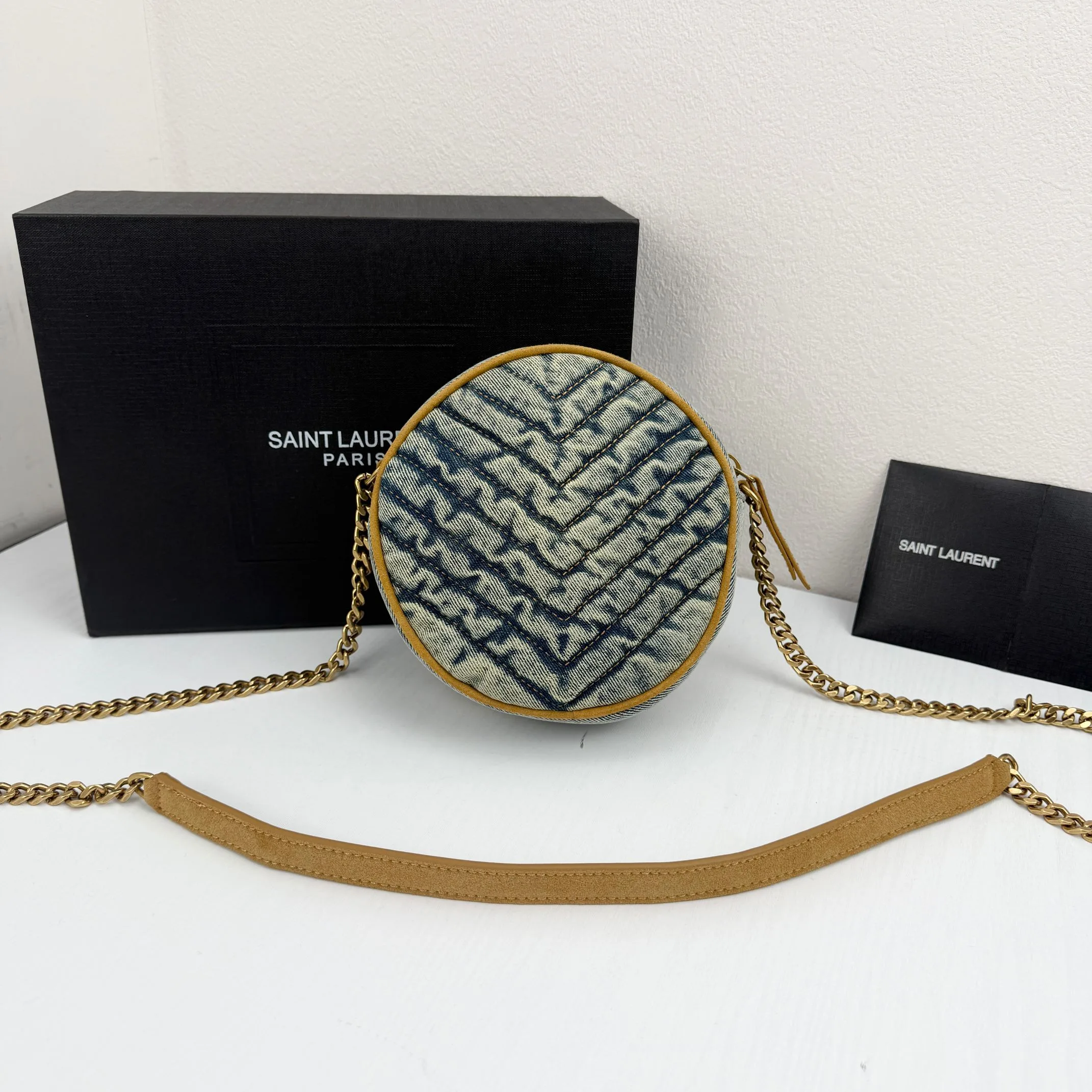 Saint Laurent YSL Round Vinyle Matelassé Quilted Denim Crossbody Bag