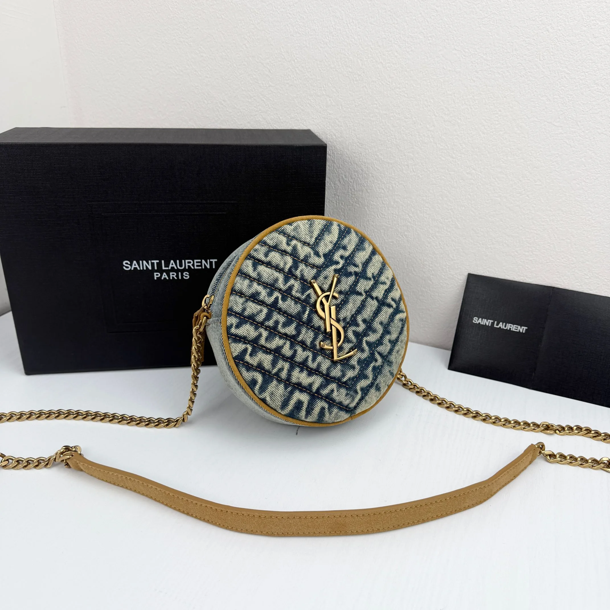 Saint Laurent YSL Round Vinyle Matelassé Quilted Denim Crossbody Bag