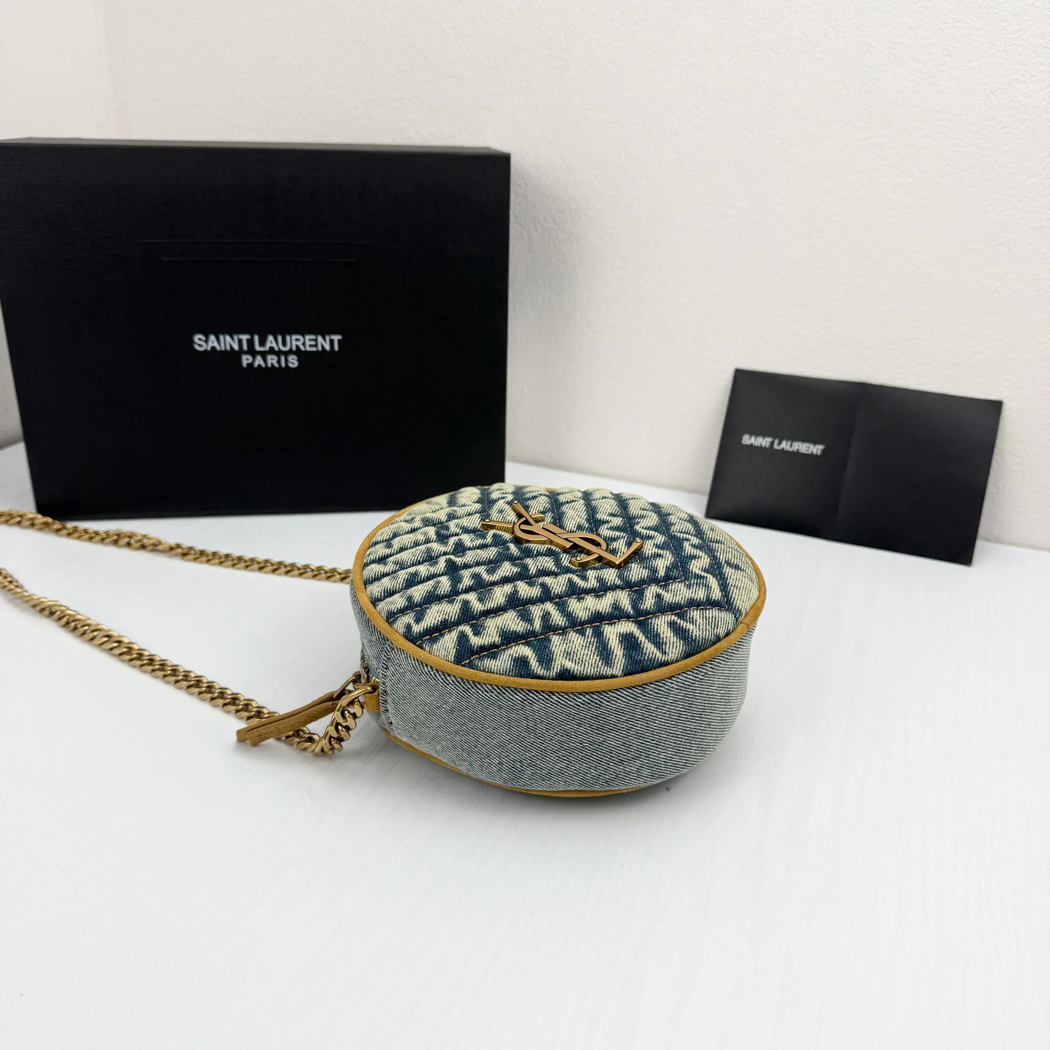 Saint Laurent YSL Round Vinyle Matelassé Quilted Denim Crossbody Bag