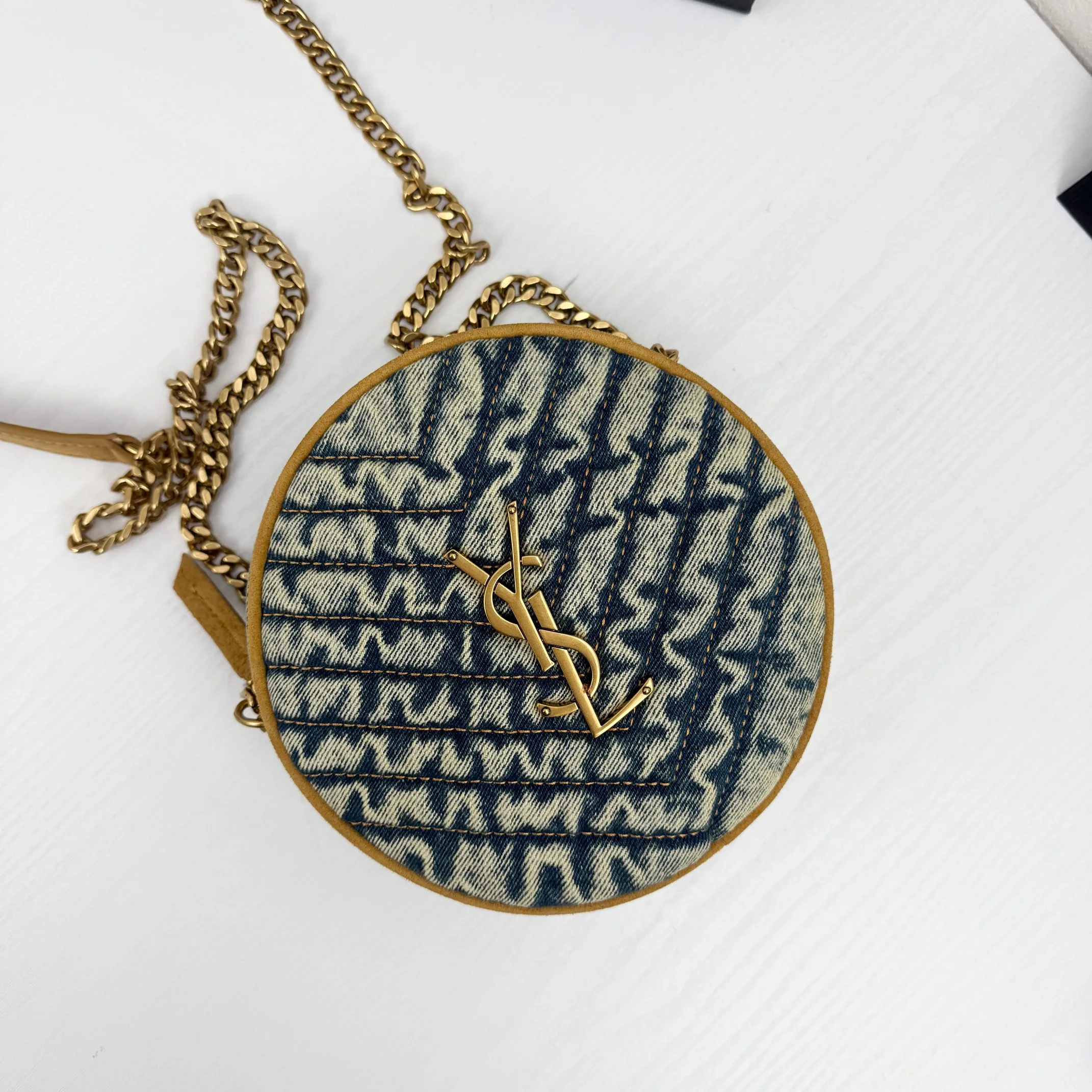 Saint Laurent YSL Round Vinyle Matelassé Quilted Denim Crossbody Bag
