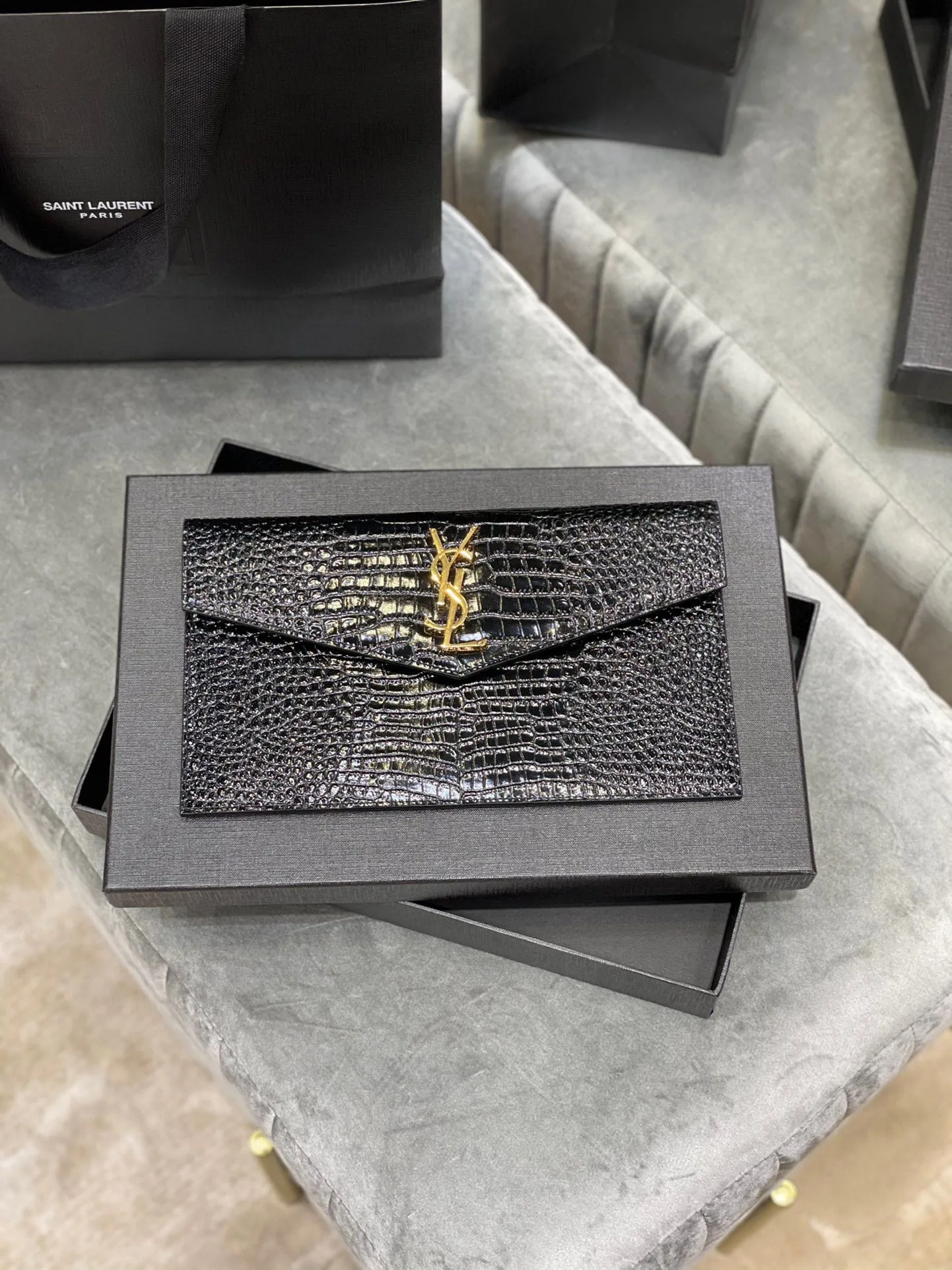 SAINT LAURENT Uptown POUCH IN CROCODILE-EMBOSSED SHINY LEATHER BLACK-Gold hardware - Bag