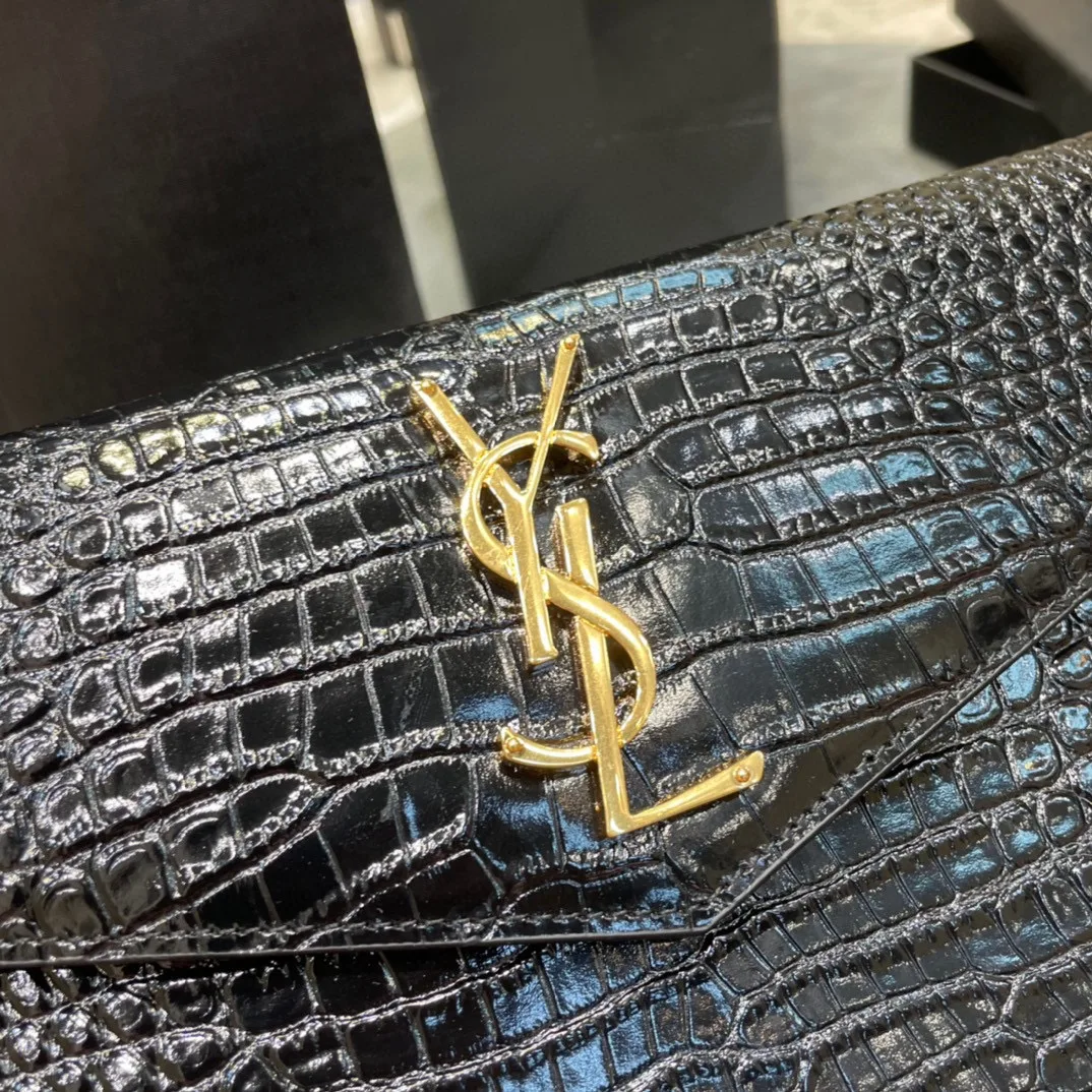 SAINT LAURENT Uptown POUCH IN CROCODILE-EMBOSSED SHINY LEATHER BLACK-Gold hardware - Bag