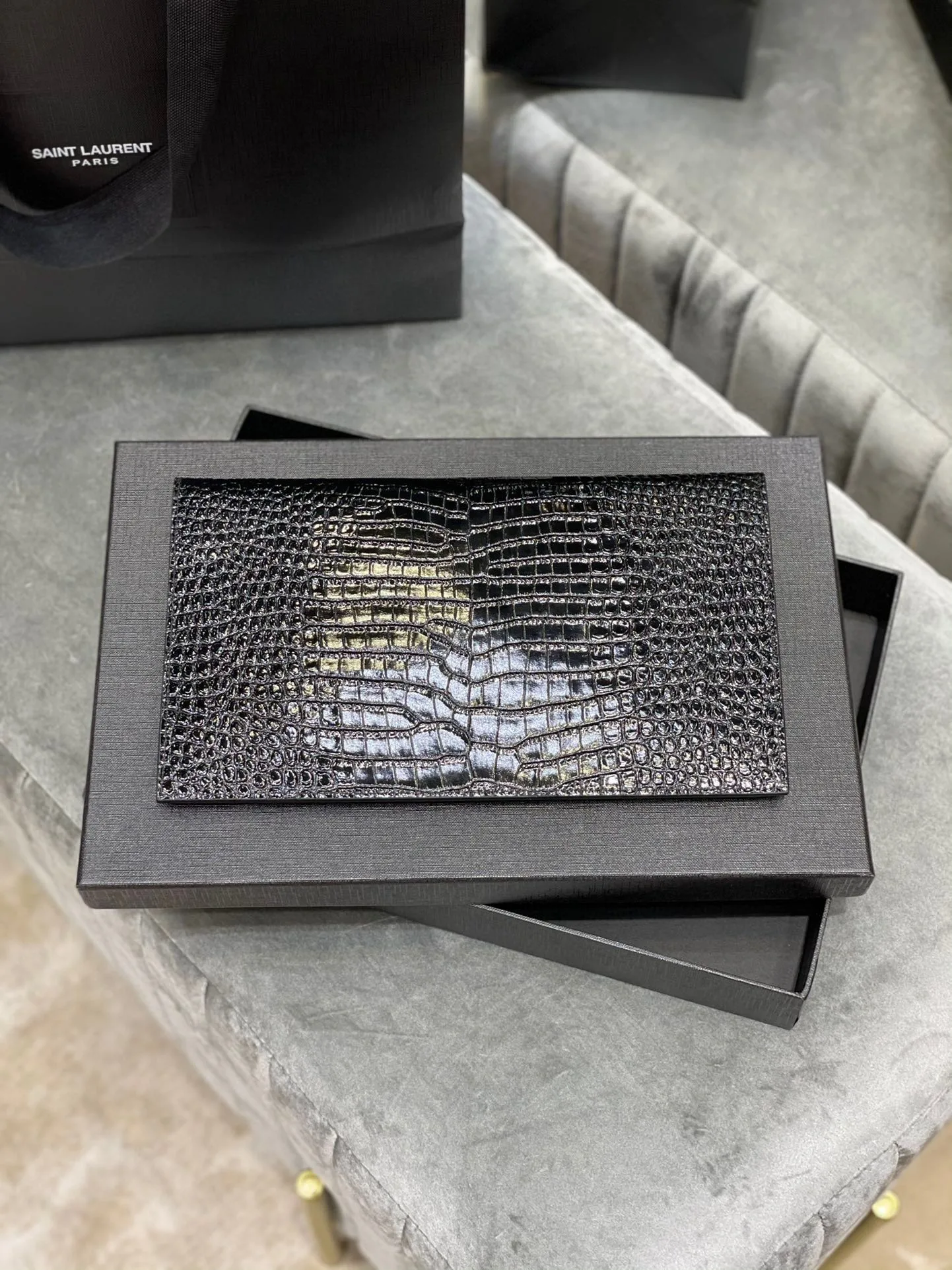 SAINT LAURENT Uptown POUCH IN CROCODILE-EMBOSSED SHINY LEATHER BLACK-Gold hardware - Bag