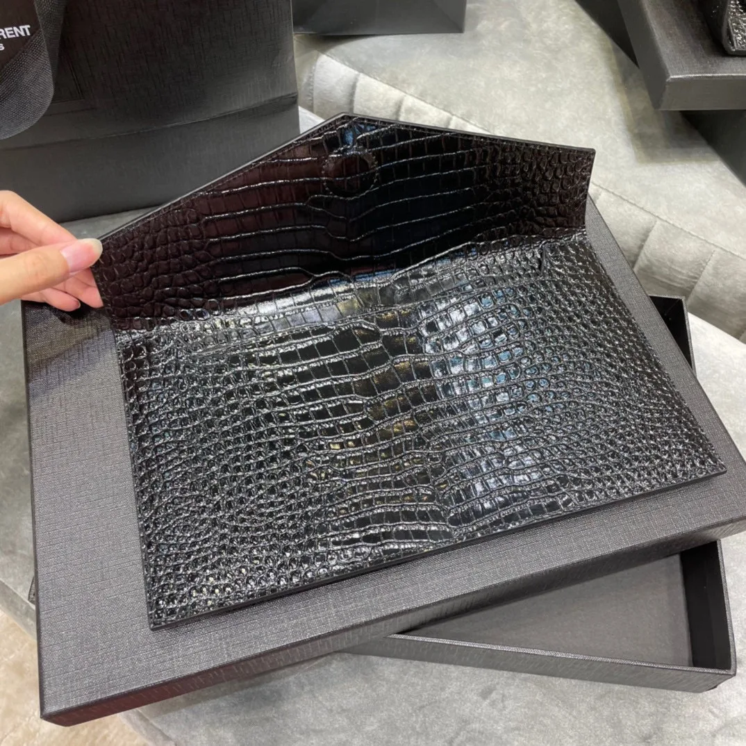SAINT LAURENT Uptown POUCH IN CROCODILE-EMBOSSED SHINY LEATHER BLACK-Gold hardware - Bag