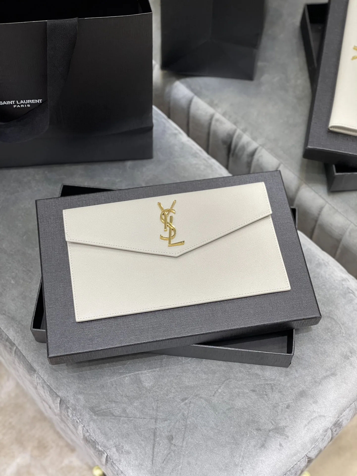 SAINT LAURENT Uptown YSL Monogram Leather Envelope Clutch Bag White-Gold hardware - Bag