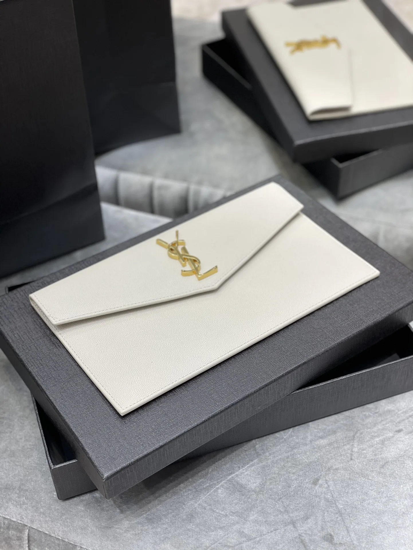 SAINT LAURENT Uptown YSL Monogram Leather Envelope Clutch Bag White-Gold hardware - Bag