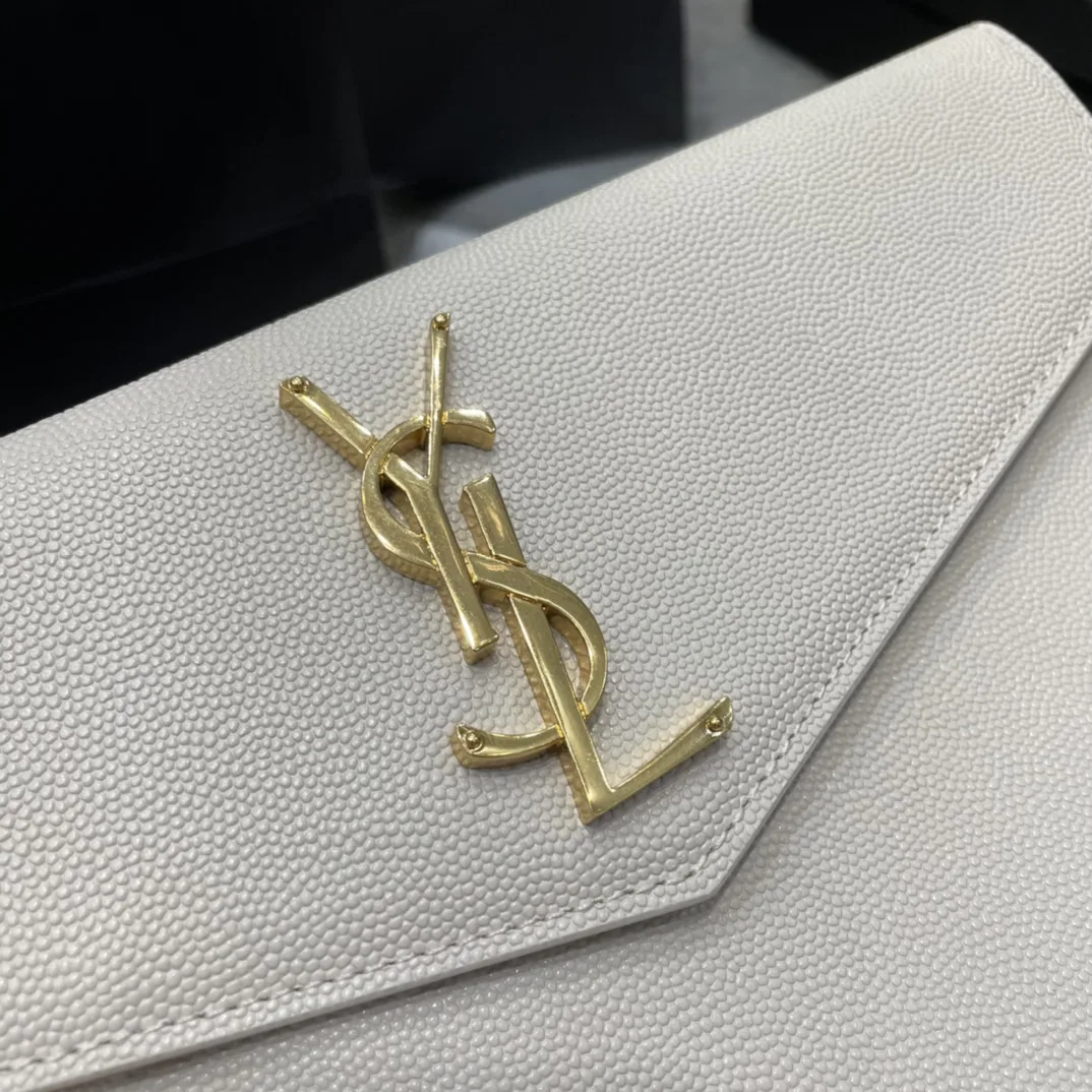 SAINT LAURENT Uptown YSL Monogram Leather Envelope Clutch Bag White-Gold hardware - Bag